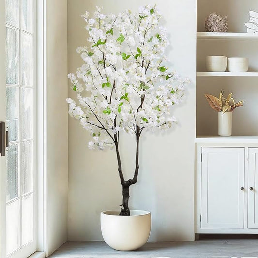 Artificial Cherry Blossom Tree Faux White Flower Tree,6 FT Fake Cherry Blossom Tree Indoor Outdoor for Home Decor