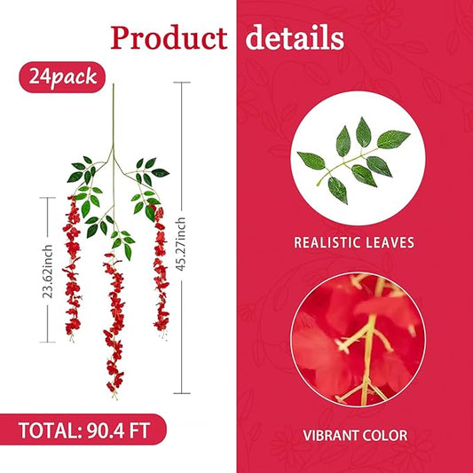 24 Pack Red Wisteria Hanging Flowers Garland, 3.77 Feet Artificial Flower Vines, Fake Wisteria, Artificial Vines Hanging Garland for Backdrop Outdoor Yard Garden Decor