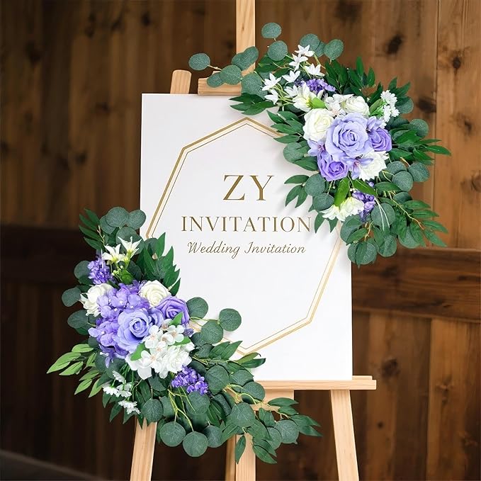 Artificial Wedding Arch Flowers (Pack of 2), White Wedding Flowers for Wedding Welcome Ceremony Sign Faux Floral Swags, Banquet and Reception Backdrop Floral Decoration (White & Purple)