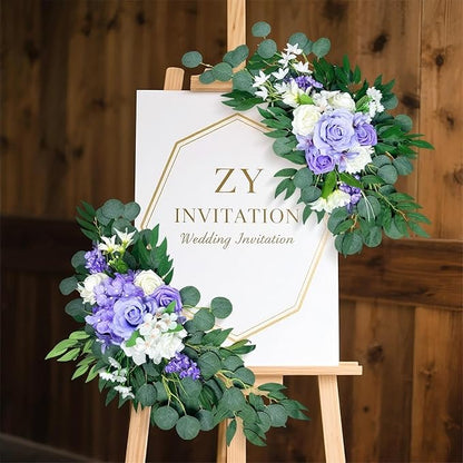 Artificial Wedding Arch Flowers (Pack of 2), White Wedding Flowers for Wedding Welcome Ceremony Sign Faux Floral Swags, Banquet and Reception Backdrop Floral Decoration (White & Purple)