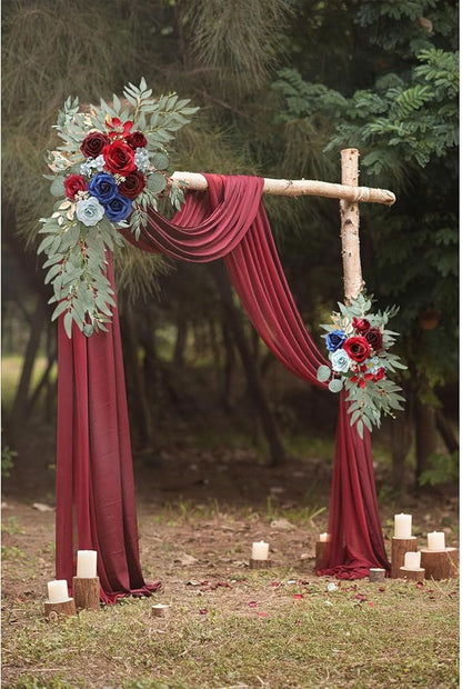 Burgundy Blue Wedding Arch Flowers, Faux Flower Swag Set of 2, Burgundy Floral Swag for Wedding Arch Welcome Signs, Reception Ceremony Signs Decor