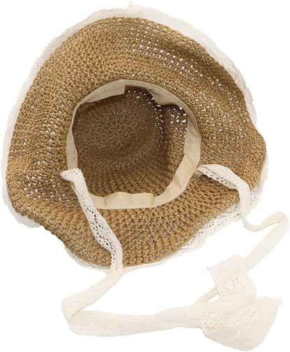 Ladies Wide Brim Beach Straw Hat Summer Vacation Sun Protection Hat Braided Lace Edge Hat Soft Foldable Lightweight