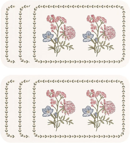 ISAENNE French Cottage Floral Rectangle PVC Placemats Set of 6, Waterproof and Heat-Resistant Place Mats.Decoration for Kitchen, Dinning, Parties, Holiday,12"*17"