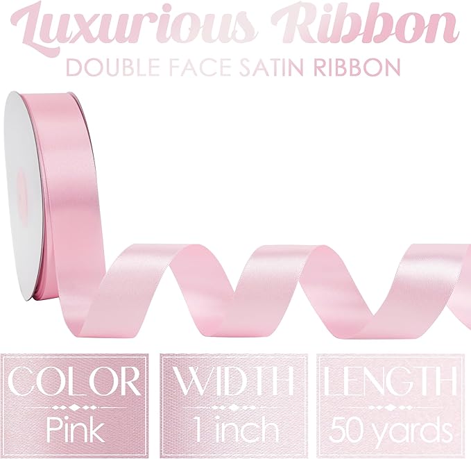 MEEDEE Pink Ribbon 1 Inch Pink Satin Ribbon Lux Double Faced Satin Ribbons by 50 Yards Polyester Wrapping Ribbons for Crafts, Weddings, Flower Bouquet, Holiday Decorating