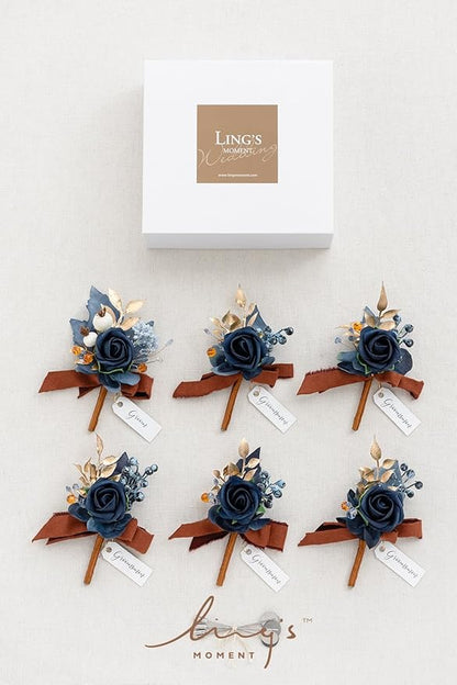 Ling's moment Boutonniere for Men, 6pcs Groom Groomsmen Boutonniere, Artificial Flowers for Wedding Decor/Prom/Homecoming, etc.Burnt Orange Navy Blue