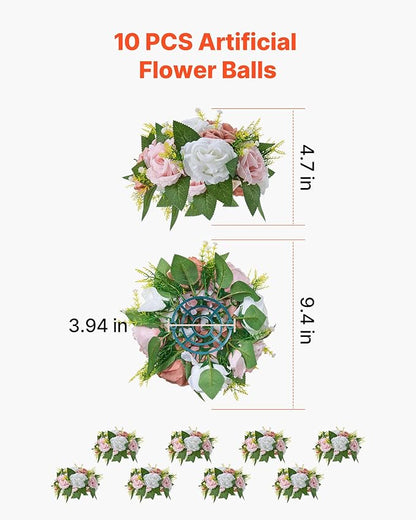 VEVOR Flower Ball Arrangement Bouquet 10PCS, 9.5-Inch Diameter Artificial Flower Balls Wedding Table Centerpieces, Faux Rose Arrangements for Wedding Centerpiece Home Decoration, Pink and White Roses