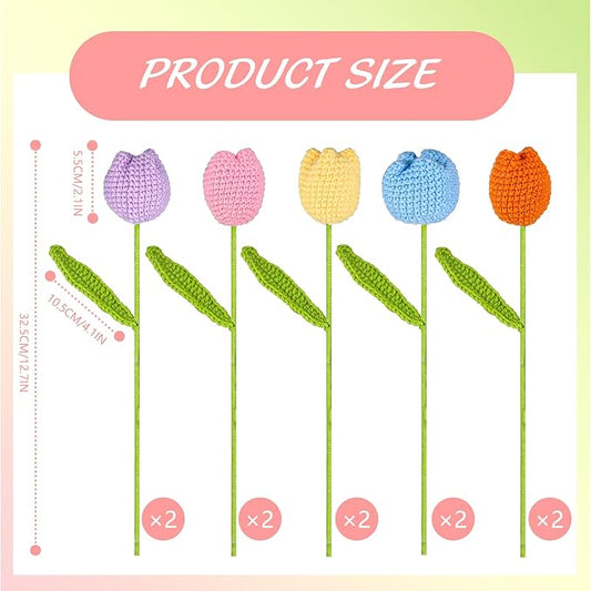 TLY 10 Pcs Crochet Tulips Flowers Artificial Flowers Bouquet Finished Handmade Knitted Tulip Bouquets with Leaf and Long Stem for Home Centerpieces Decor Valentine's Day Wedding Anniversary