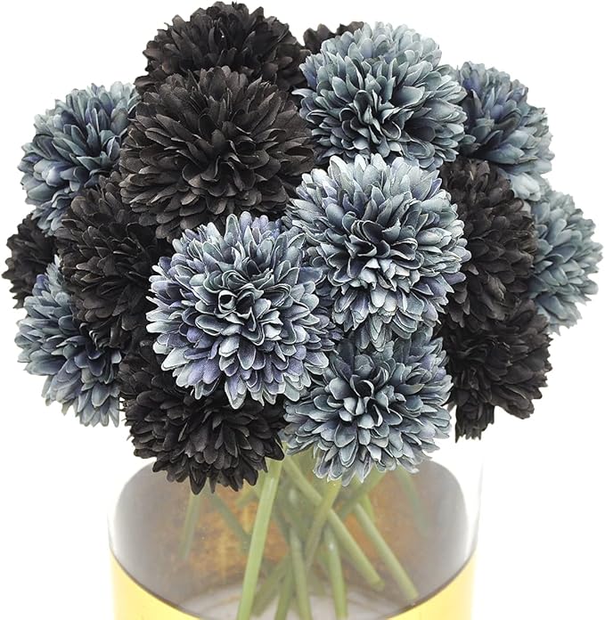 20Pcs Artificial Fake Flower Plants Silk Chrysanthemum Ball Hydrangea Arrangements Wedding Bouquets Decor Home Kitchen Garden Party Table Floral Centerpieces DIY (Black&Grey)