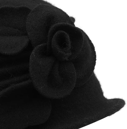 ZLYC Women Wool Cloche Bucket Hat 1920s Vintage Dress Winter Hats with Flower Accent