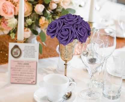 Purple Roses 50PCS Artificial Foam Flowers with Stems Fake Roses Real Looking Purple Flowers for Bridal Shower Centerpieces Wedding Bouquet Table Decorations for Party (Purple)
