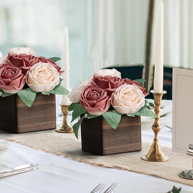 Dining Table Centerpiece Set of 3 - Pre-Made Aritifial Rose with Wooden Vase Fake Floral Arrangment Faux Flower for Wedding Bridal Tea Party Event Decorations - Dusty Pink & Champagne