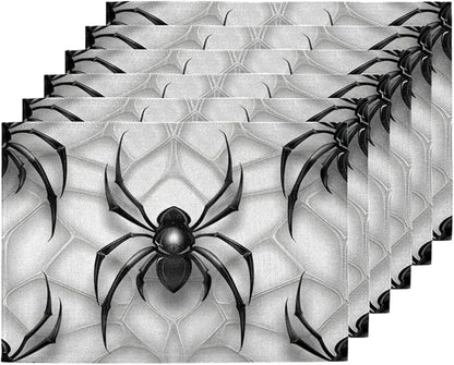 Black Spiders Placemats, Place Mats Set of 4, Heat Resistant Place Mats, Washable Table Mats for Dining Table, Non-Slip Stain Resistant Kitchen Table Placemats, Spiders Web