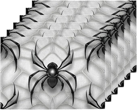 Black Spiders Placemats, Place Mats Set of 4, Heat Resistant Place Mats, Washable Table Mats for Dining Table, Non-Slip Stain Resistant Kitchen Table Placemats, Spiders Web