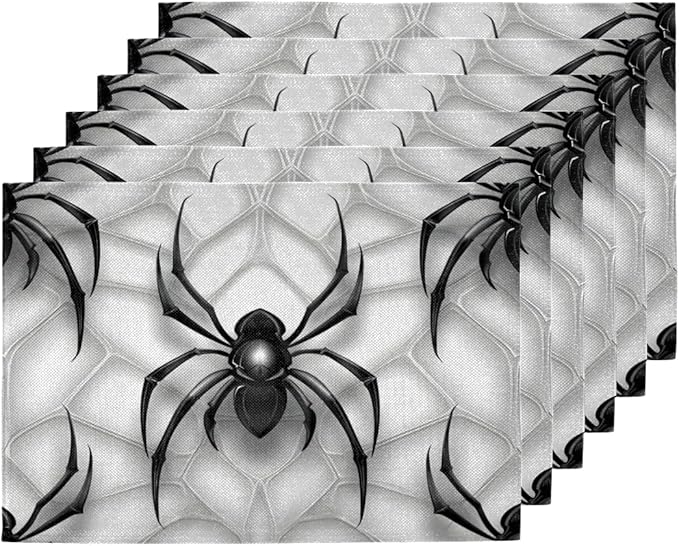Black Spiders Placemats Set of 6, Washable Linen Place Mats, Spiders Web Table Mats for Kitchen Dining Table Decor Heat Resistant Tablemats 12x18