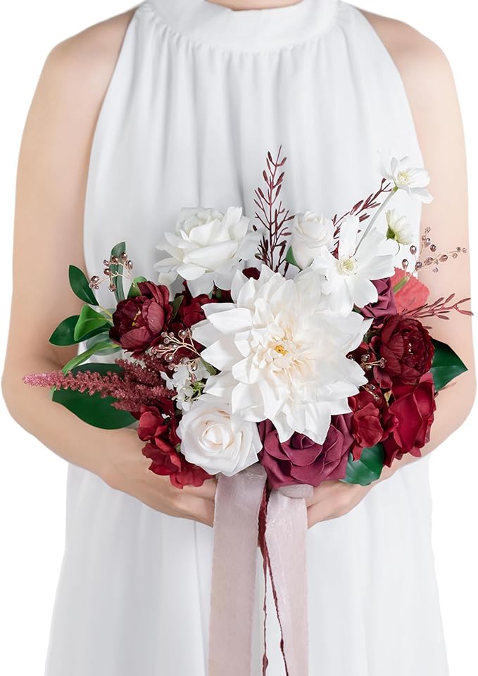 10 Inch Burgundy&White Bridal Bouquet,Bride Bouquets for Wedding Ceremony Anniversary, Party and French Rustic Vintage Wedding,Gothic Wedding,Artificial Flowers