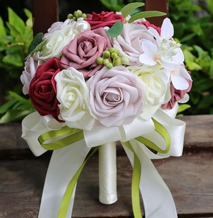 Lightweight Bridal Wedding Bouquet Round Holding Bouquet Throw Toss Artificial Rose Flower Bunch for Bride Bridesmaid Wedding Quinceanera (Cream, Smoky Rose, Light Taro & Burgundy, 6.7")