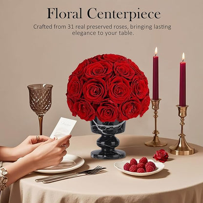 Forever Flowers Preserved Red Roses in Marble Vase, Flower for Delivery, Eternal Roses Gift for Women, Table Centerpiece Flowers for Home Decor Party Living Room Bedroom