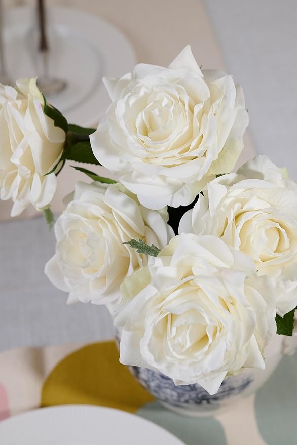 Real Touch Artificial Roses 6pcs, Floyd Roses,17.3”Faux Silk Roses Bouquet for Home Decor, Wedding Centerpieces, Romantic Gifts & Party Arrangements, Fuchsia Realistic Flowers (White)