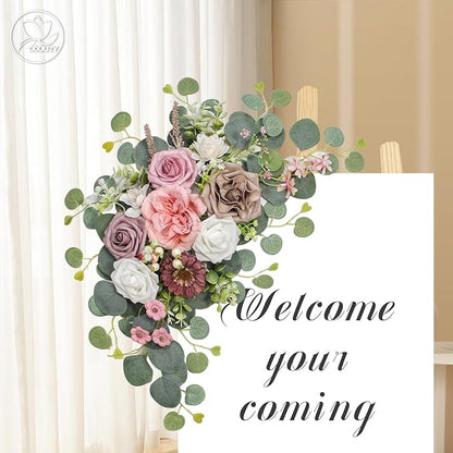 Artificial Wedding Arch Flowers for Wedding Sign,Set of 2 for Wedding Welcome Ceremony Sign,Faux Floral Swags,Wedding, Banquet and Reception Backdrop Floral Decoration (Coffee Pink)