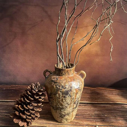 8IN Rustic Farmhouse Ceramic Vase Home Decor, Vintage Stoneware Clay Pottery Terracotta Textured for Modern Farmhouse, Living Room, Office Desk Table Shelf (Gray Black)