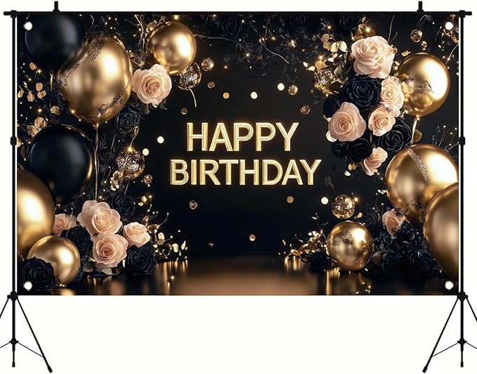 Black Gold Happy Birthday Backdrop Banner Elegant Rose Floral Balloon Photography Background Luxury Birthday Party Decoration Banner Photo Booth Props 71x43 Inch