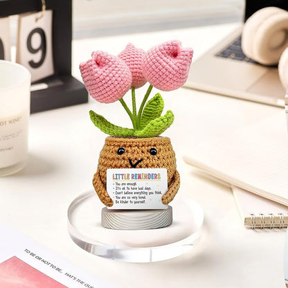 Gossby Handmade Positive Tulip Flower Crochet - Little Reminder You are Enough - Inspirational Gift for Women - Positive Energy, Apreciation, Farewell, Retirement, Goodbye Gift for Coworker