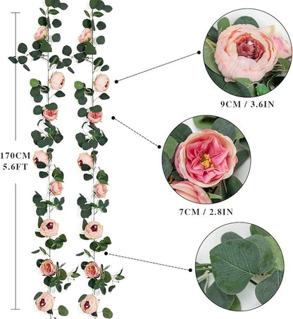 Floweroyal 2 Pack Artificial Flower Garlands 11.2FT Eucalyptus Garlands with Flowers 8 Head Peony Flower Vine Faux Floral Garland for Wedding Arch Table Wall Backdrop Wreath Decoration. (Vintage Pink)