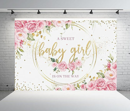 Pink Floral Girl Baby Shower Backdrop 10x8ft A Sweet Baby Girl is on The Way Backdrop for Gender Reveal Party Decoration It's a Girl Banner Photo Booth Props
