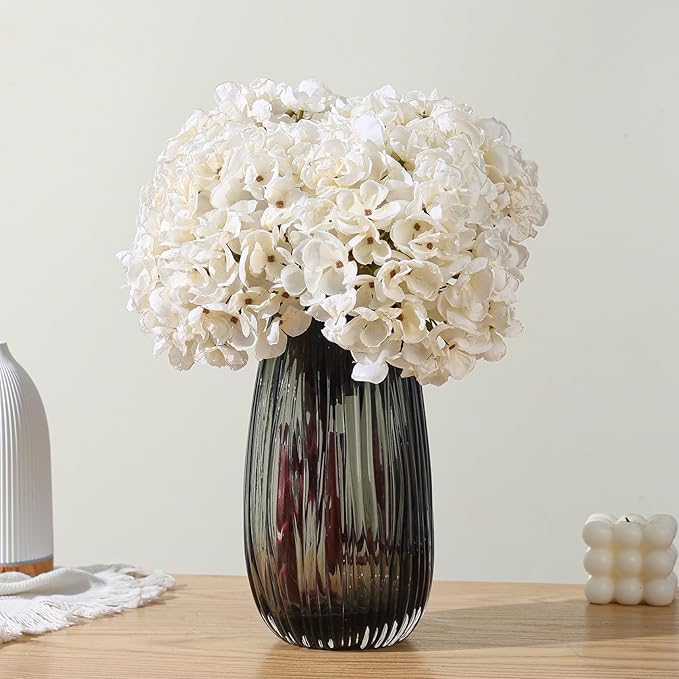 White Dried Hydrangea Flowers Artificial, Faux Fall Floral Stems for Home Decor, Wedding, Vase Fillers (White)
