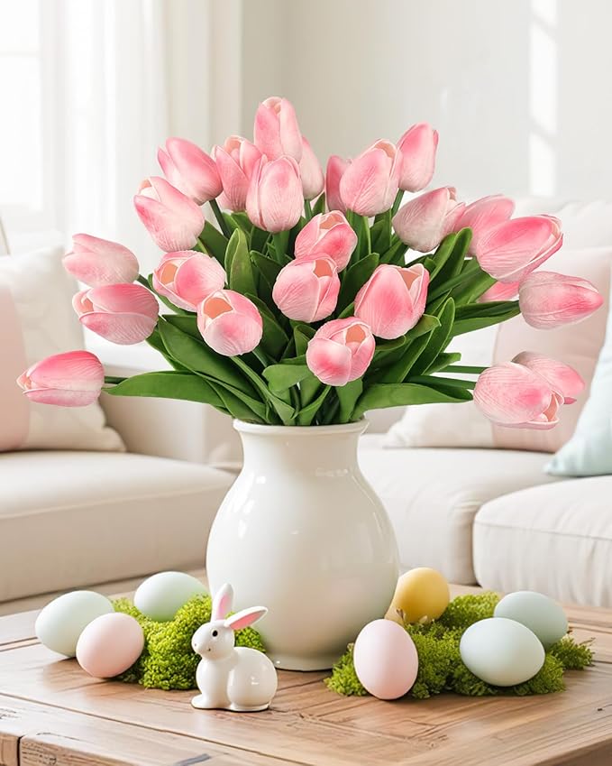 MACTING 30 PCS Artificial Tulip Flowers 13.7" Real Touch Fake PU Tulips Bouquet Faux Flowers for Floral Arrangements Table Centerpiece Kitchen Home Indoor Outdoor Summer Decorations(Peach Pink)