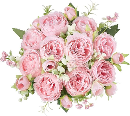 Mkono Peonies Artificial Flowers, Small Silk Flowers for Home Decor Indoor Fake Bouquet Faux Floral Arrangements Dining Table Centerpieces for Kitchen Bridal Wedding Party Decor Pink