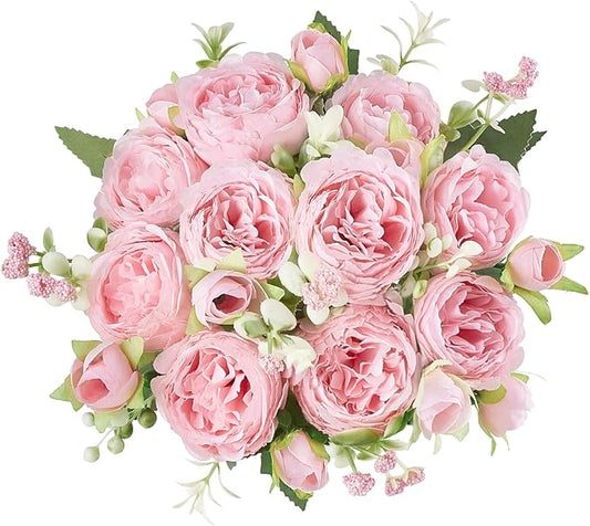Mkono Peonies Artificial Flowers, Small Silk Flowers for Home Decor Indoor Fake Bouquet Faux Floral Arrangements Dining Table Centerpieces for Kitchen Bridal Wedding Party Decor Pink