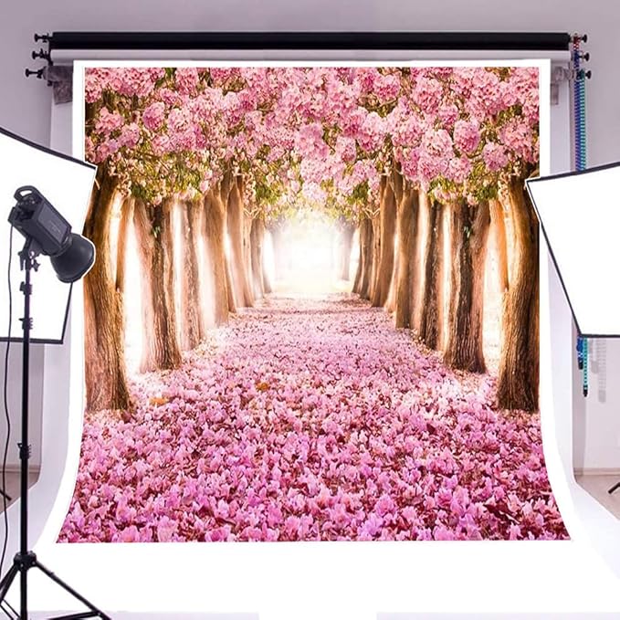 AOFOTO 8x8ft Spring Cherry Blossom Backdrop Sweet Pink Flowers Tree Floral Petal Boulevard Photography Background Baby Shower Photo Studio Props Girl Infant Adult Artistic Portrait Vinyl Wallpaper