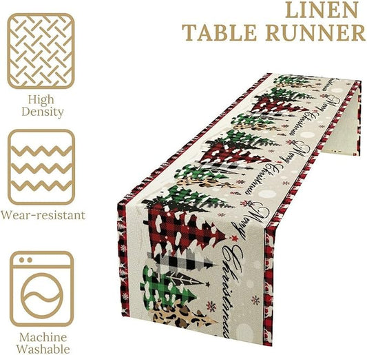 Christmas Tree Table Runner,Farmhouse Xmas Trees Buffalo Plaid Winter Snowflake Tablecloth Burlap for Hotel Indoors Outdoor Dining Room Kitchen Home Decor,W13X L108 in