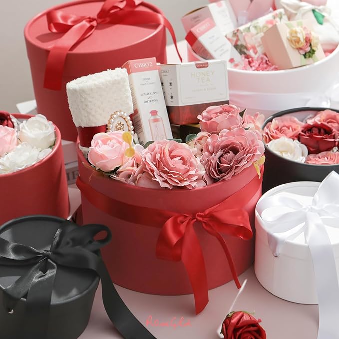 ROSEGLD Round Gift Boxes with Lids Set of 4, Luxury Gift Boxes with Ribbons Assorted Sizes, Nesting Gifts Boxes for Flowers Arrangements, Wedding, Party (Matte Red)