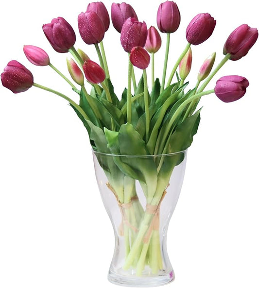 20pcs Artificial Tulip Flowers,16 Inch Real Touch Tulip Stems with Faux Leaves, Faux Tulips and Buds for Home Décor Centerpiece Ornament Wedding Bouquet,Deep Purple