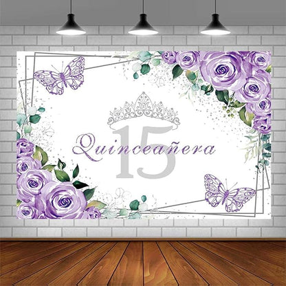 SENDY 8x6ft Quinceañera Backdrop Mis Quince 15 Anos Birthday Party Decoration Supplies for Girl Princess Purple Floral Butterfly Silver Crown Photography Background Banner Photo Booth Studio Props