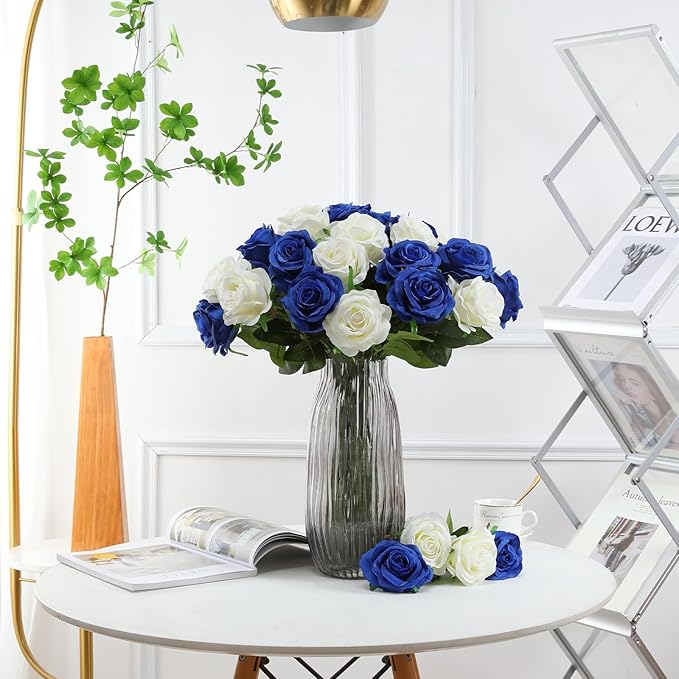 Tifuly Roses Artificial Flowers - 12 pcs Realistic Long Stem Fake Roses Mashup Style Silk Roses for DIY Bouquets Wedding Centerpieces Arrangements Home Party Decor（White & Blue）