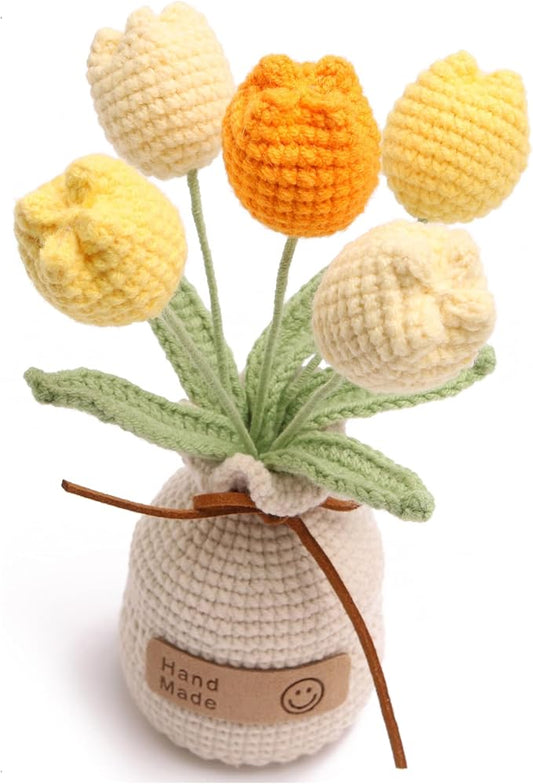 Handmade Tulips, Artificial Plant Crochet Flowers， Tulips Suitable for Home Room, Table, Office Ornaments and Birthday Gifts Suitable for Family and Friends Anniversary (5 Flowers-Yellow)