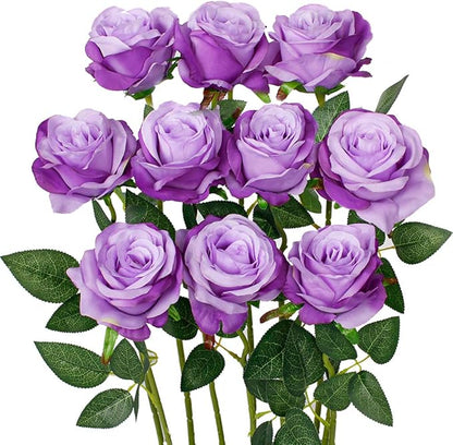 Luyue 10PCS Artificial Roses Flower with Stems Slik Fake Flowers Bouquet Realistic Long Stem Faux Rose for Valentines Day Wedding Home Decor