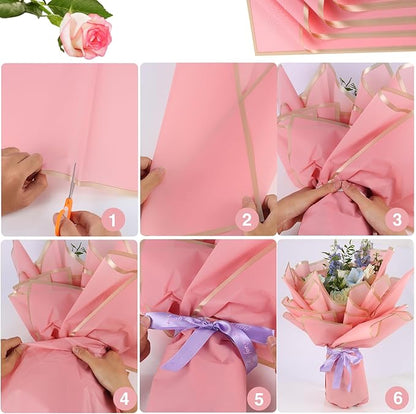 YIDATIKER 20 sheet Flower Wrapping Paper,waterproof floral wrapping paper for bouquets,DIY Florist Supplies Packaging Paper with satin ribbon for Wedding,Birthday,Valentine's Day（Rose Pink