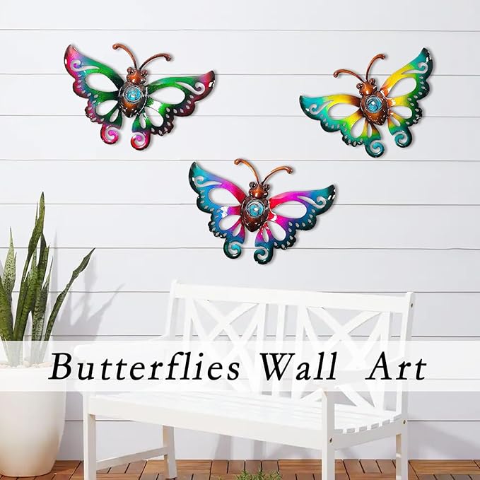 Garden Decor Clearance Metal Butterfly Wall decor 3D Wall Art Hanging Christmas for Patio Fence, Set of 3, 9 inch, Indoor Outdoor Christmas Gift for Family