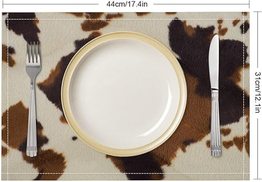 Cow Print Placemats Set of 4 Rustic Farmhouse Brown Cowhide Print Western Style Art Printed Dining Table Mats for Restaurant Home Kitchen Holiday Decor 12x18in