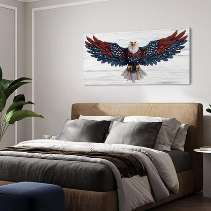 Bald Eagle Canvas Wall Art American Eagle Wall Décor -American Bald Red Blue Flag Canvas Wall Art Usa Independence Day Prints Painting Ready to Hang for Living Room, Bedroom, Office, Dorm 46L" x 23W"