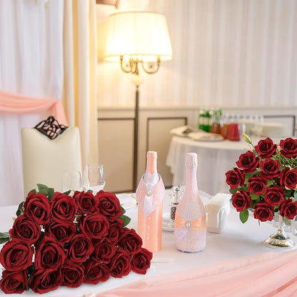 Jexine 60 PCS Artificial Roses Bulk Silk Flowers with Long Stems, Realistic Faux Rose Bouquet for Wedding Centerpieces, Valentine’s Party, Home Decor(Burgundy)