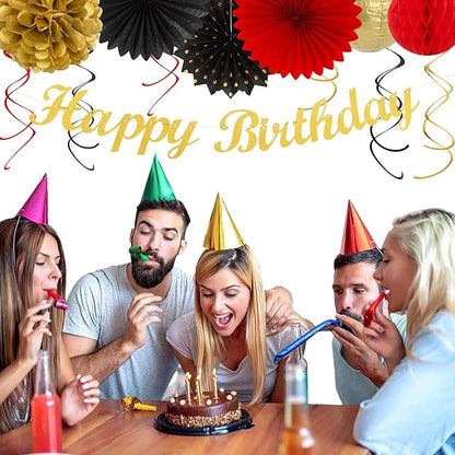 Red-Black Gold Casino-Theme Birthday Party-Decorations - 21pcs Happy Banner,Game Night Paper Lanterns,Tissue Pom Poms Flower Fan,Honeycomb Ball,Swirl Streamers Garland Supplies Women Men Decor Huglony