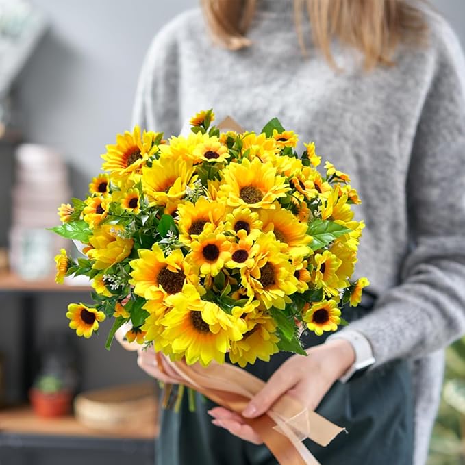 ZEYGLXC 8 Pack Artificial Sunflowers Bouquets with Stems for Wedding Bridal Shower Table Birthday Indoor Outdoor, Fake Faux Sunflowers Bulk with 4 Big Sunflowers Heads 9 Small Sunflowers Heads