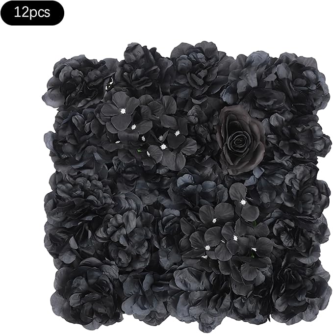 Black Flower Wall Panels, 12Pcs Artificial Roses & Hydrangeas Backdrop with Heavy Texture, Retro Floral Art for Wedding Party Home Decor