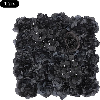 Black Flower Wall Panels, 12Pcs Artificial Roses & Hydrangeas Backdrop with Heavy Texture, Retro Floral Art for Wedding Party Home Decor