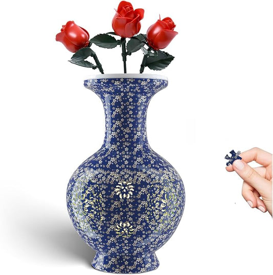 3D Puzzle Vase for Adults, 200 Curved Pieces DIY LED Vase, Unique Craft Kit for Home Decoration, Creative Hobby Gift for Women, Ideal Housewarming & Birthday Gifts (Navy Gold Blossom)